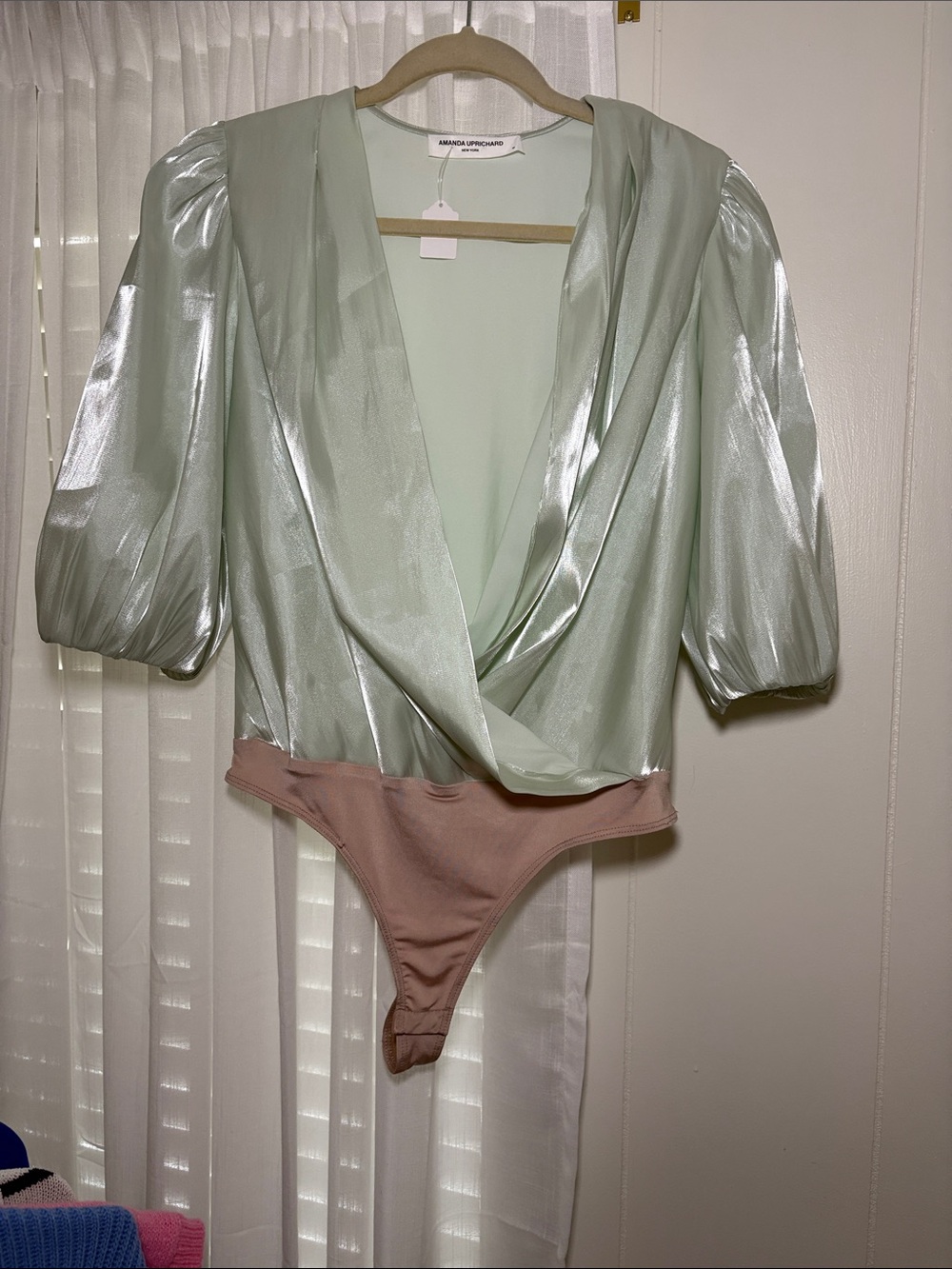 Amanda Uprichard Mint Satin Draped Bodysuit with Blush Trim